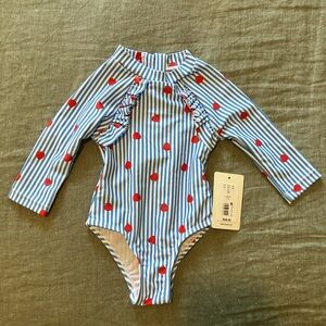 NWT Baby Girl (0-3M) Striped Long Sleeve Swimsuit with Strawberries